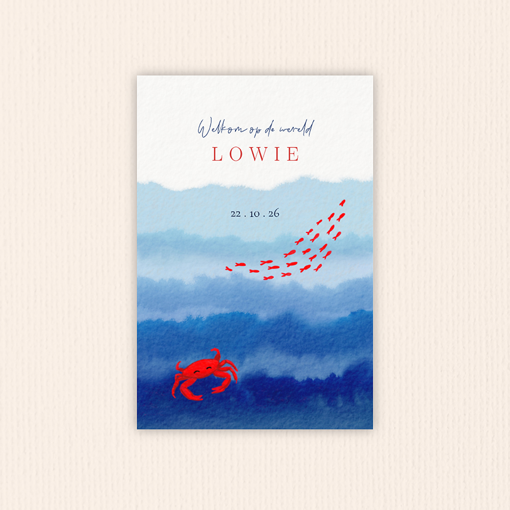 Geboortekaartje minimalistisch aquarel blauw met rode krab