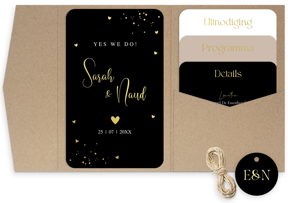 Pocketfold trouwkaart zwart meerdere kaartjes goudfolie
