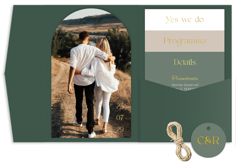 Pocketfold trouwkaart groen foto goudfolie