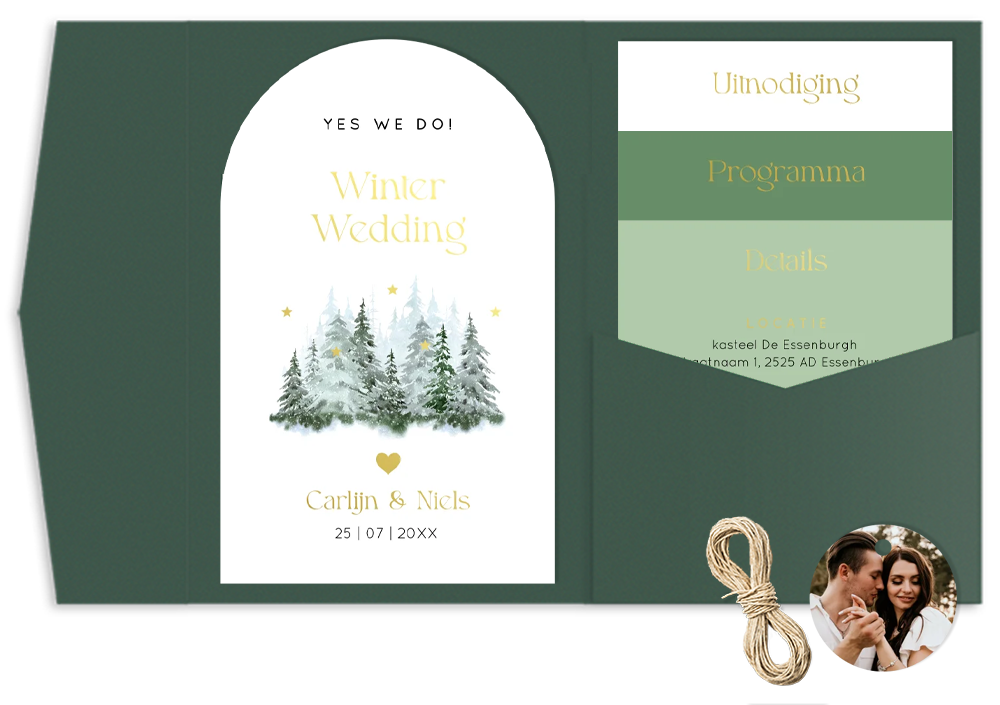 Pocketfold trouwkaart kerst winter wedding groen goudfolie