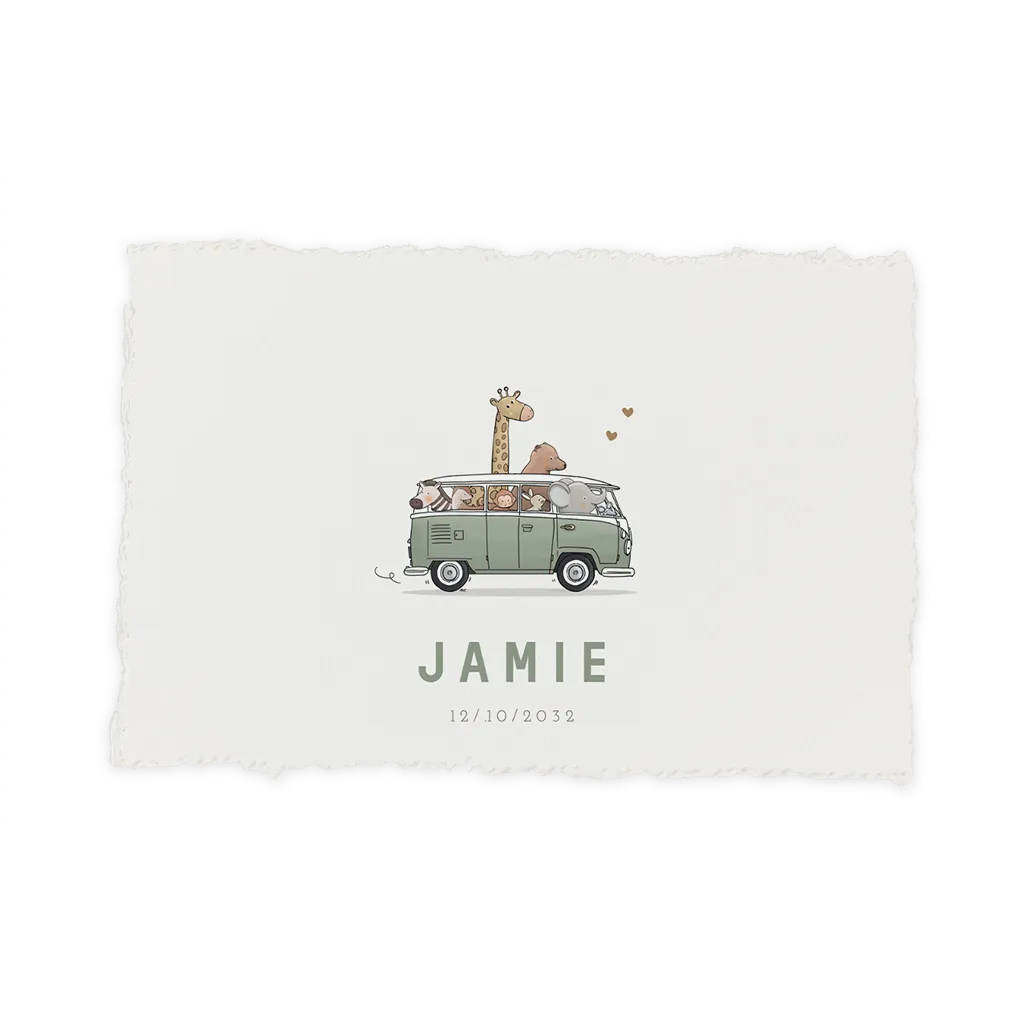 Geboortekaartje handgeschept papierlook busje met dieren in groen