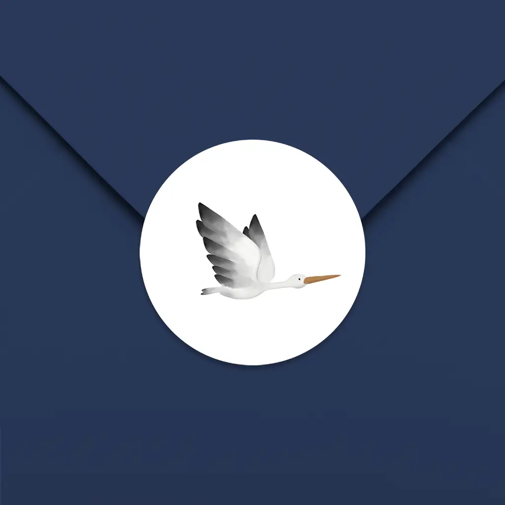 Lieve witte sluitzegel met ooievaar - per 25 stuks