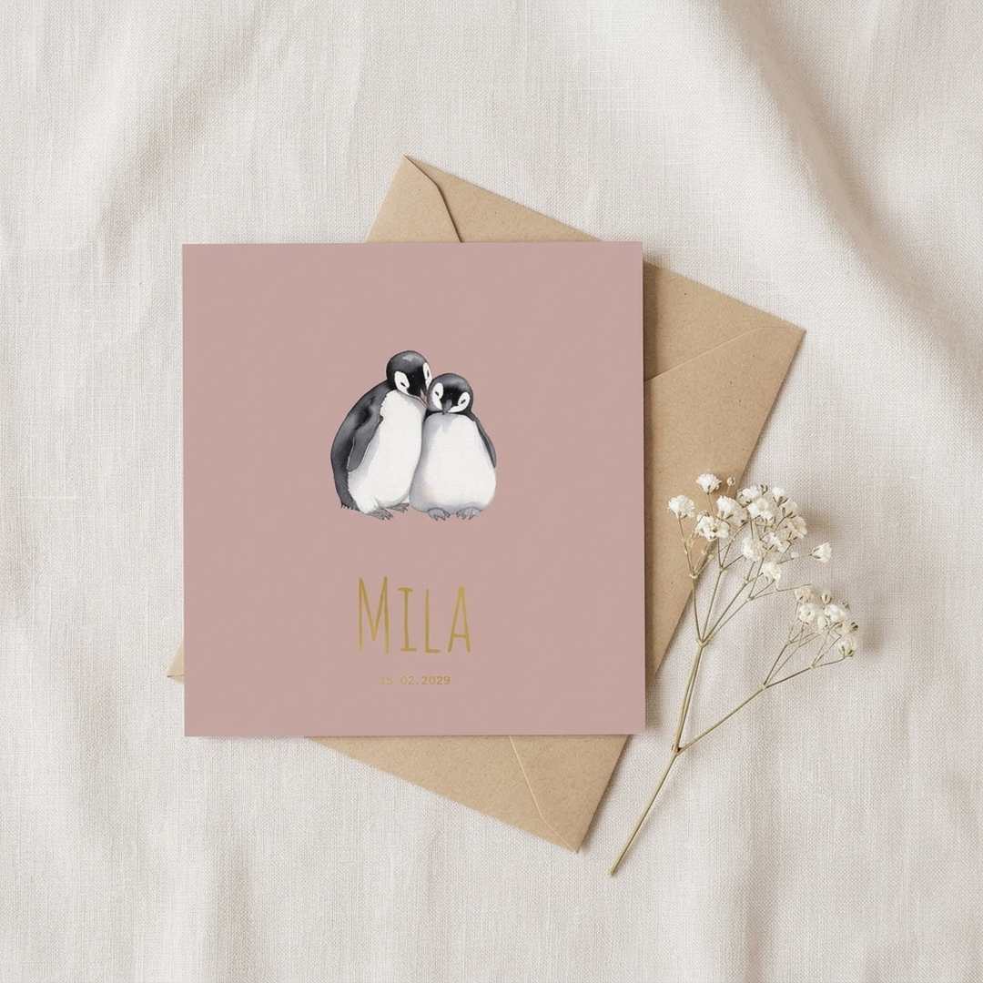 Geboortekaartje meisje twee knuffelende pinguïns
