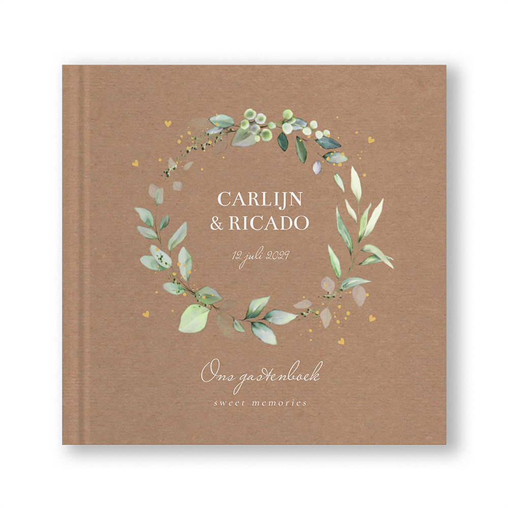 Gastenboek bruiloft botanisch krans bladeren kraft look