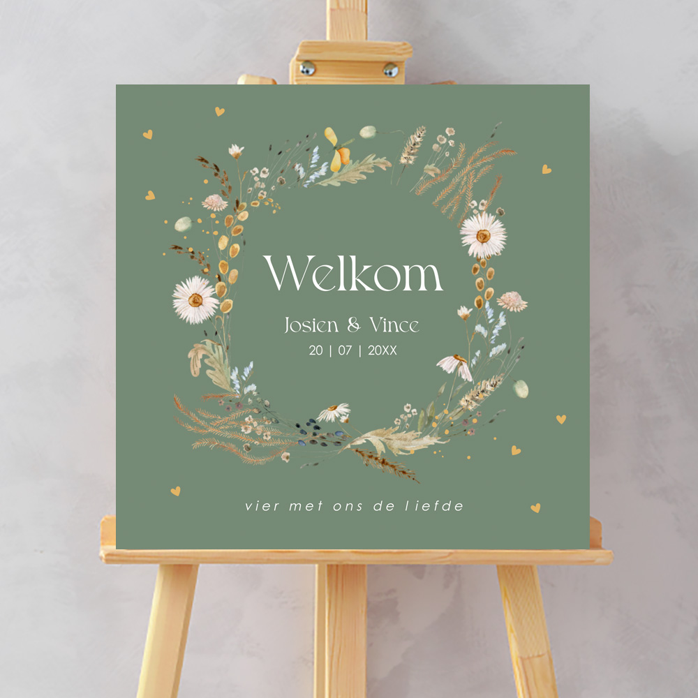 Bruiloftsbord groen bloemenkrans