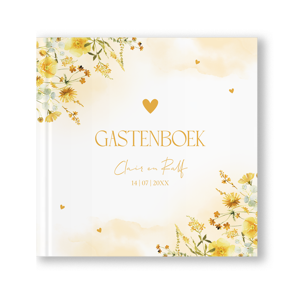 Gastenboek bruiloft elegante bloemen geel watercolour