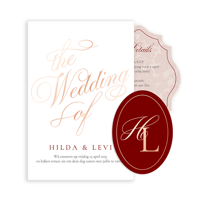 Vintage trouwkaart in roze en bordeaux tinten