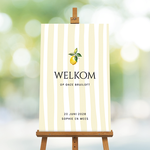 Hip welkomstbord bruiloft met organische lijnen en citroen