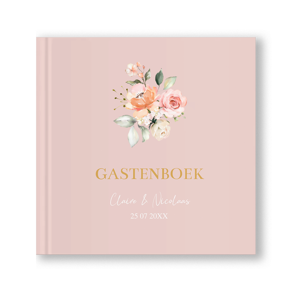 Gastenboek huwelijk roze bloemenboeket
