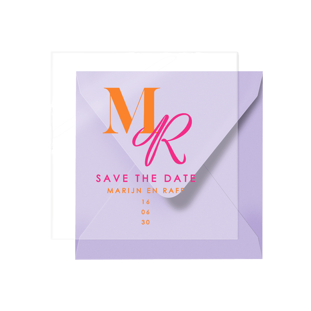 Colorblocking save the date op acryl met initialen