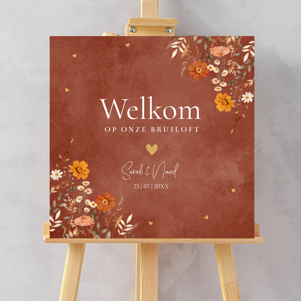 Bruiloftsbord watercolor bloemen herfst roestbruin 70x70 cm