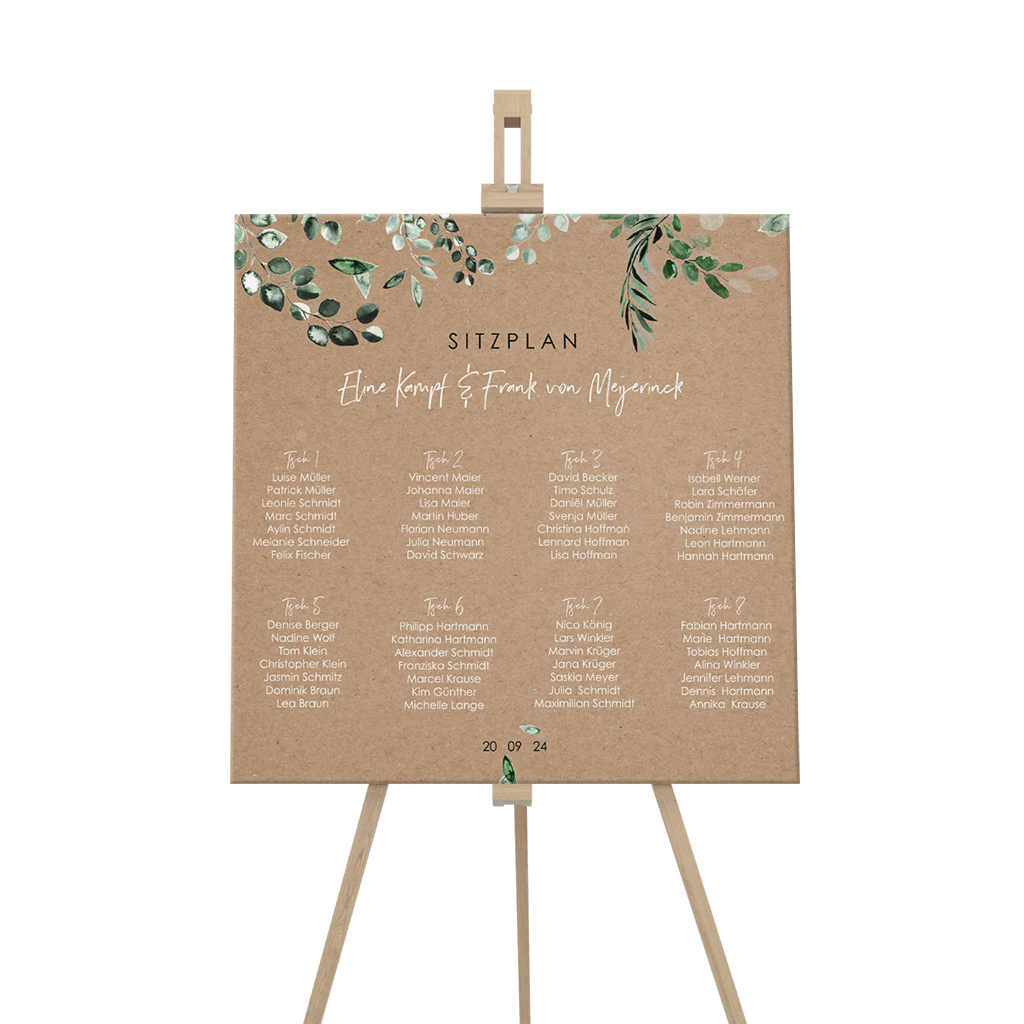 Hochzeit Sitzplan Schild im Kraft-Look mit Eukalyptus Zweigen