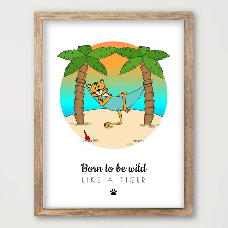 Kinderkamerposter tijger in hangmat – Born to be wild