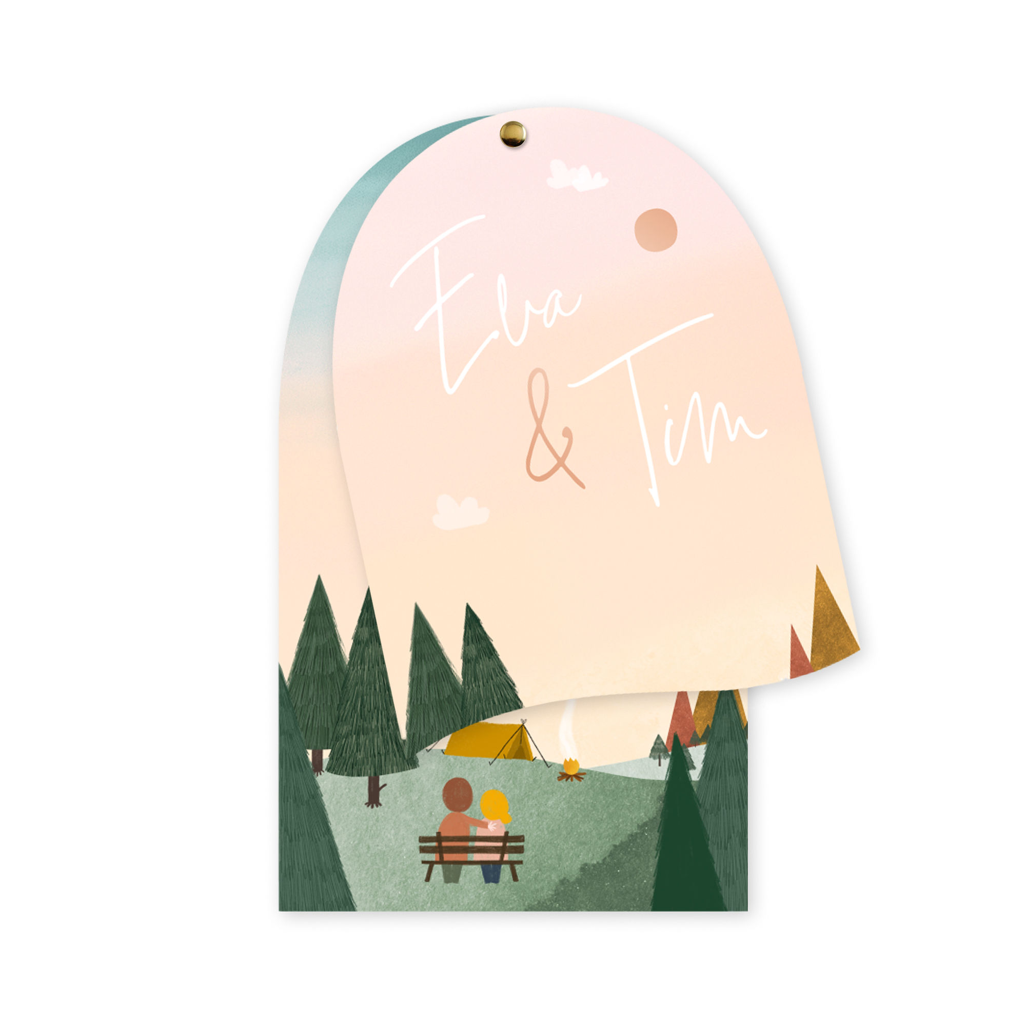Trouwkaart labelkaart portret watercolour kamperen goudfolie