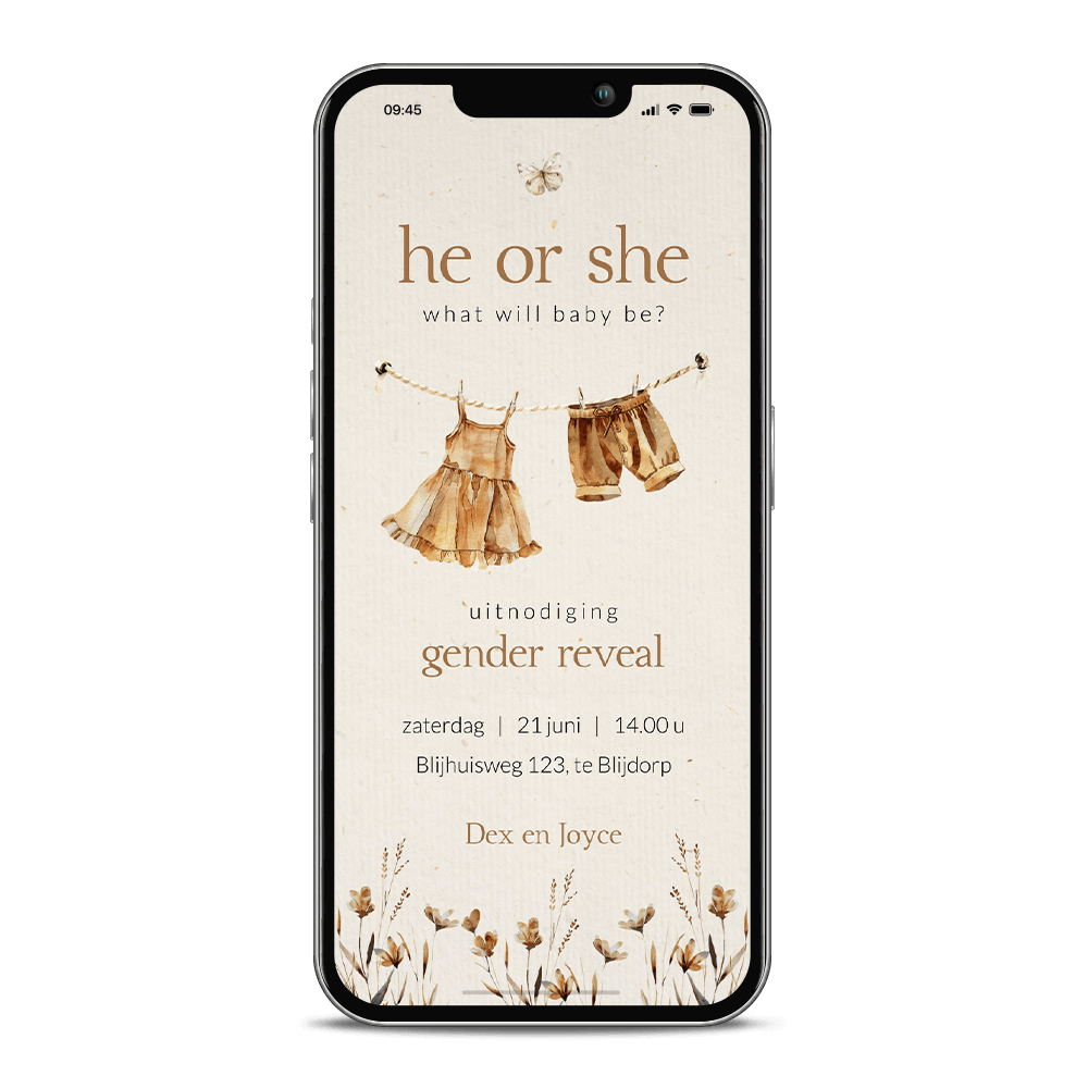 Gender reveal digitale uitnodiging met waslijn en kleertjes