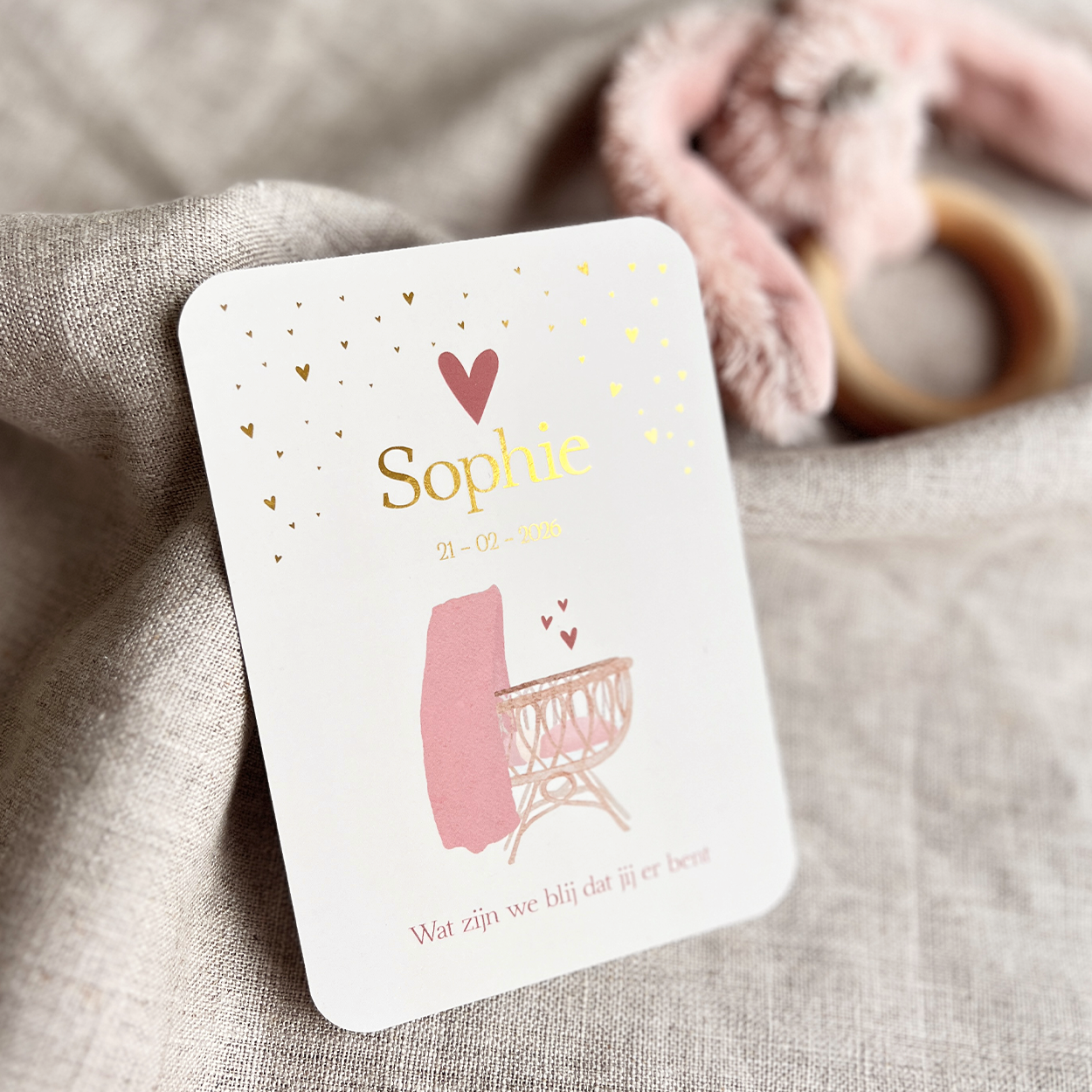 Geboortekaartje Meisje Wiegje Roze Hartjes