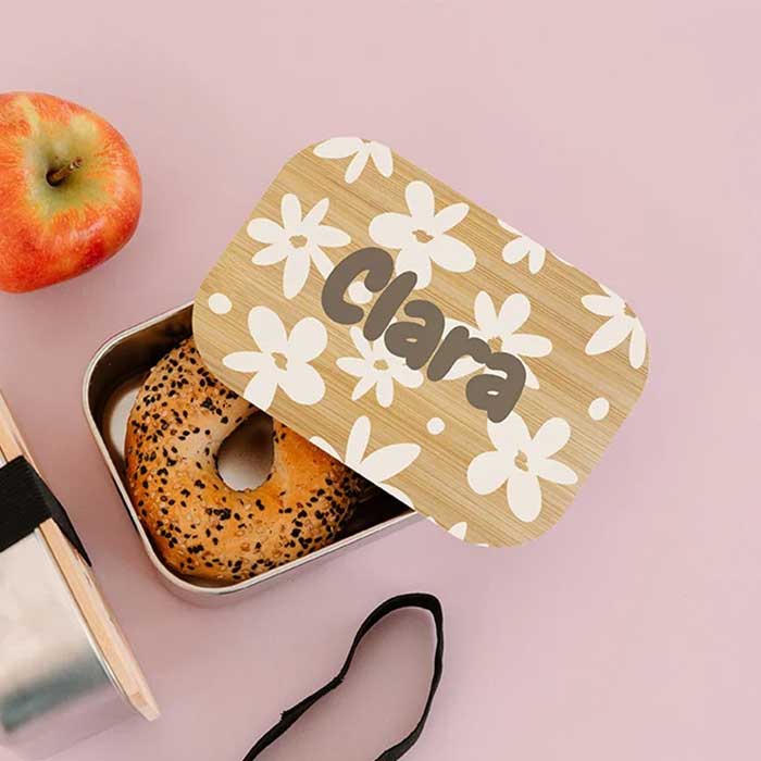 Edelstahl-Brotdose mit Blumenmotiv und Namen