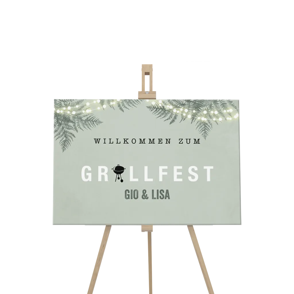 Grillfest-Willkommensschild mit Zweigen und Lämpchen