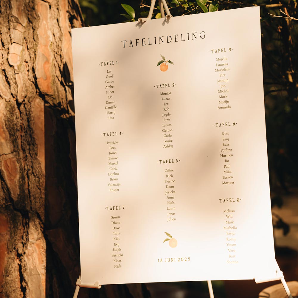 Seatingplan voor bruiloft met sinaasappels