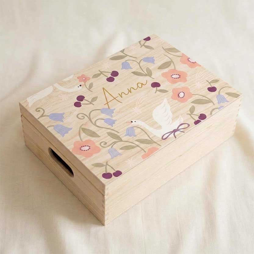 Memorybox hout vrolijk ganzen kersen bloemen