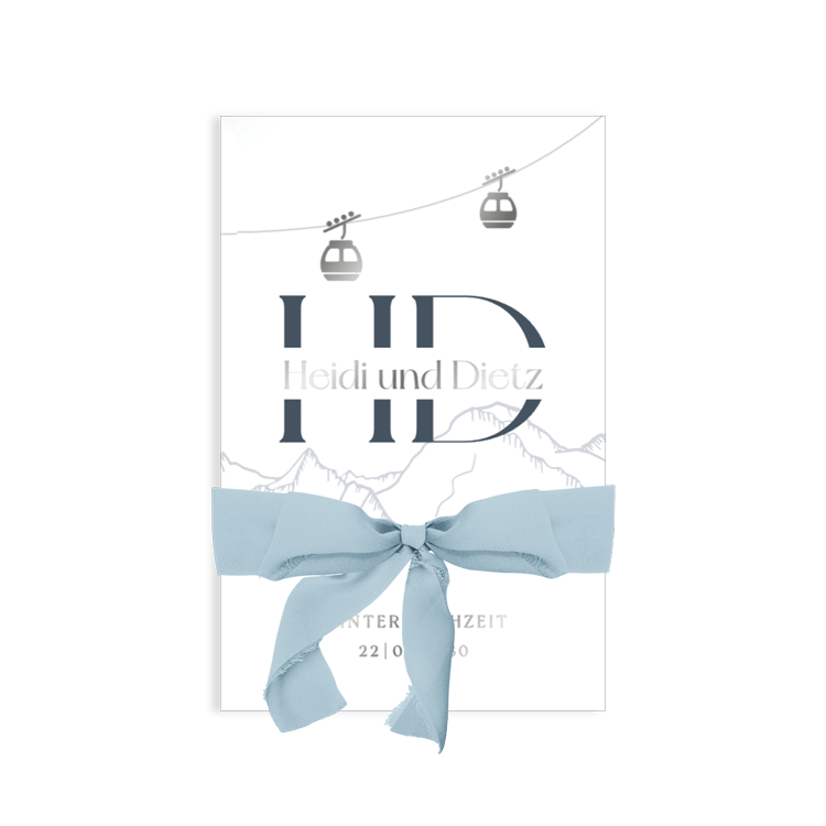 Winterliche Hochzeitseinladung mit Silberfolie und optionalem Seidenband