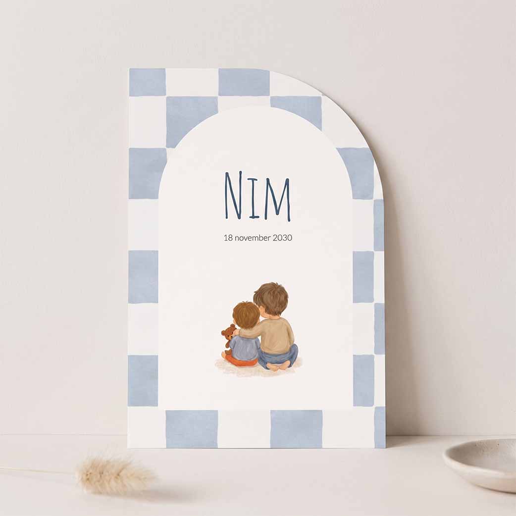 Geboortekaartje jongen blauw geblokt illustratie twee broertjes