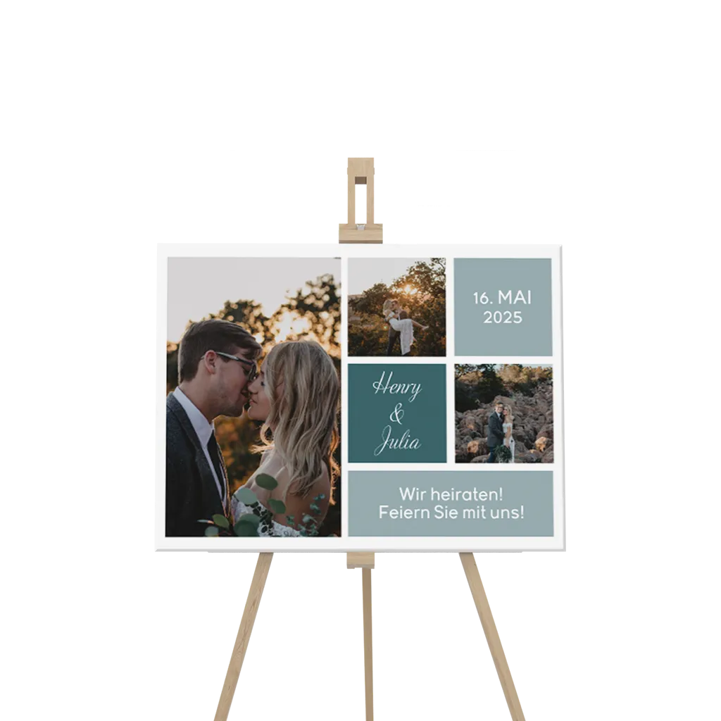 Willkommensschild Re-Board Karton mit graublauen Farbflächen und Fotos