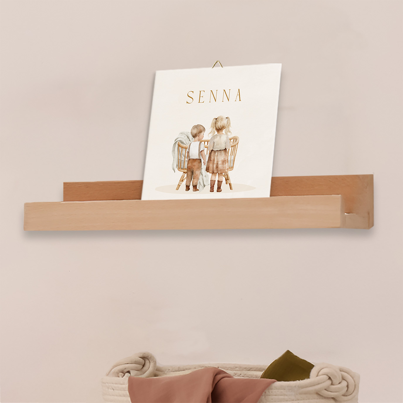 Unisex geboortetegeltje met broer en zus bij wieg