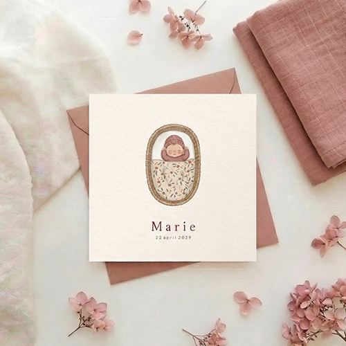 Geboortekaartje meisje baby mozesmandje