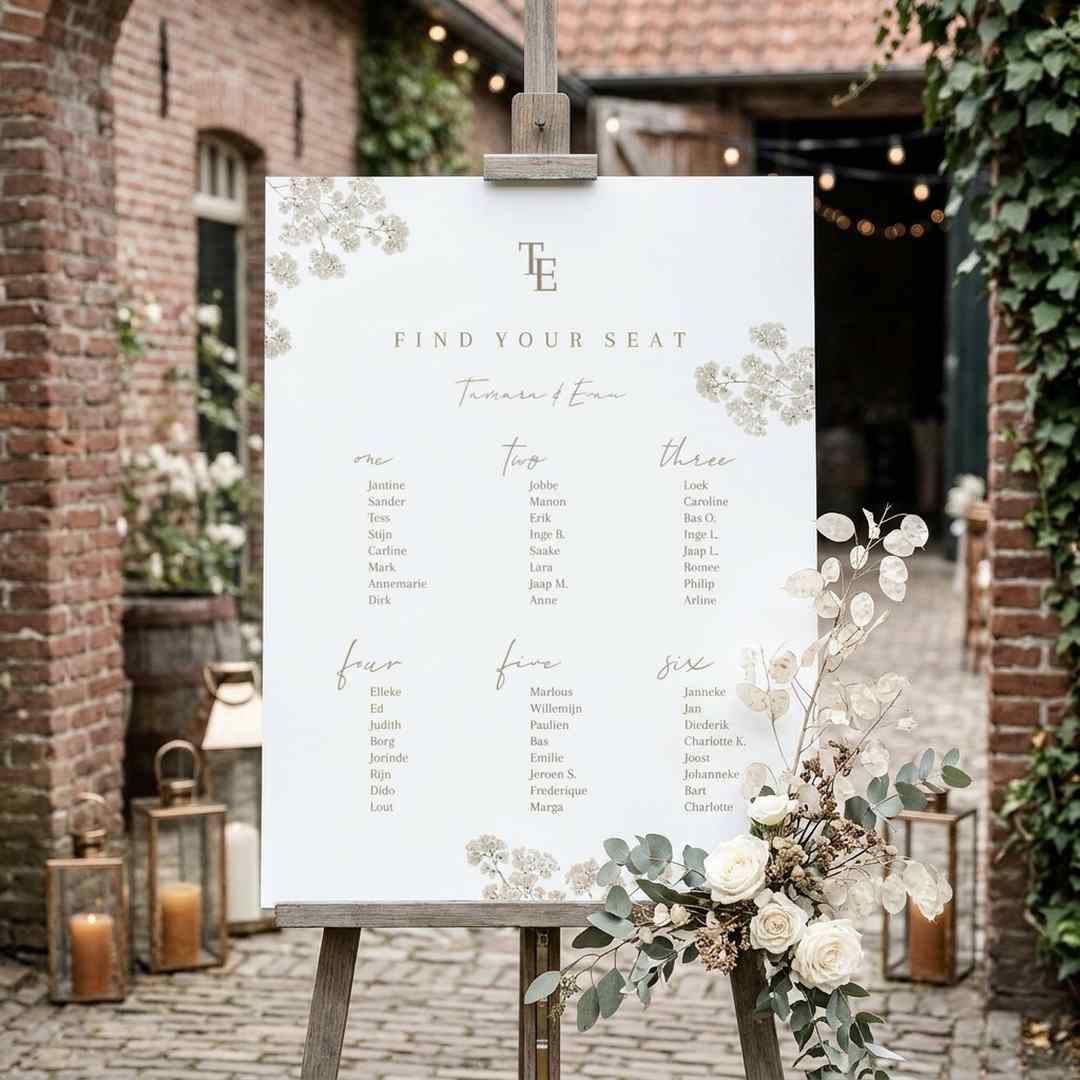 Seatingplan getekend gipskruid neutraal met logo