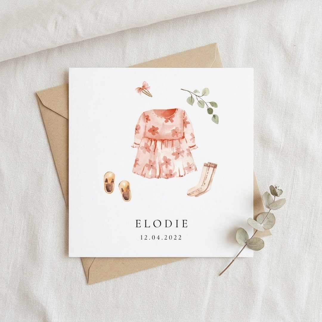 Geboortekaartje vierkant meisjes watercolor kleertjes