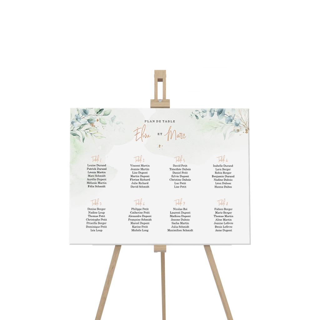 Plan de table avec des branches d'eucalyptus à l'aquarelle
