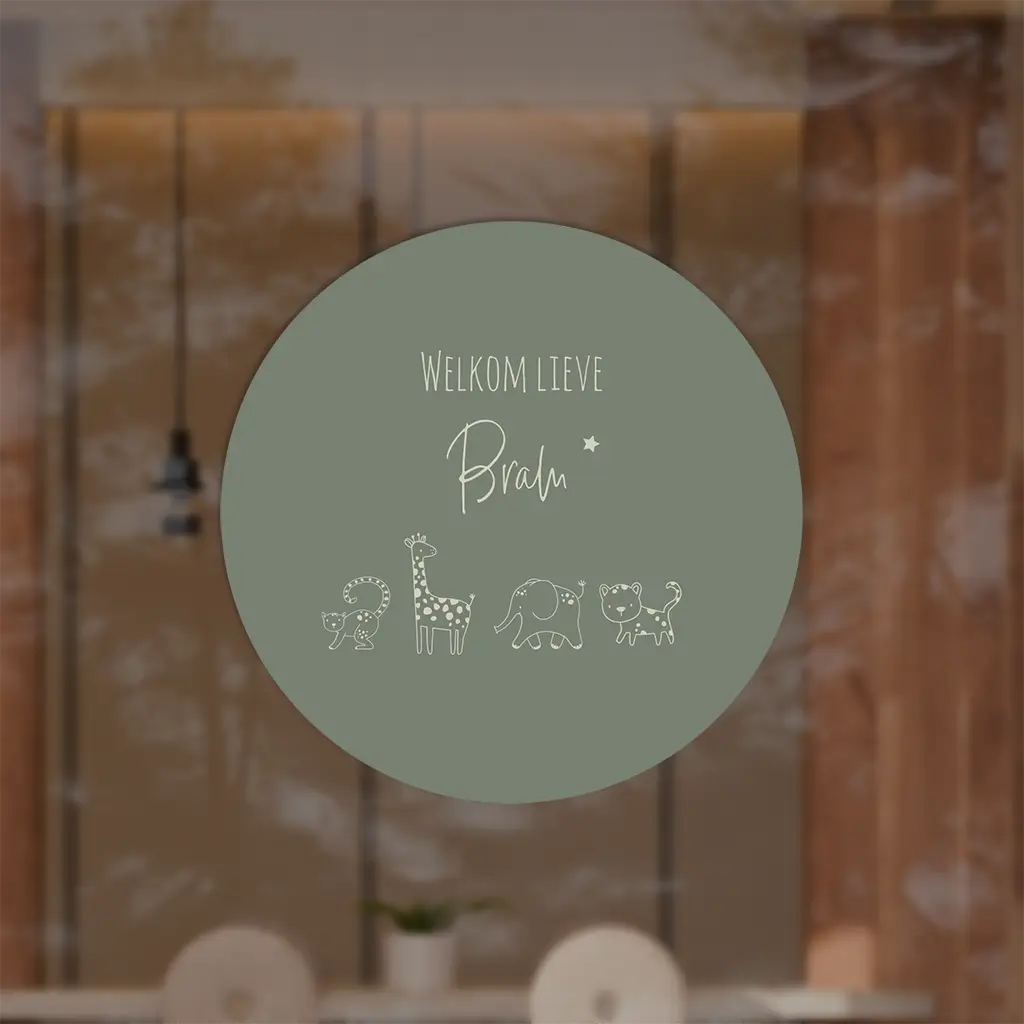 Ronde raamsticker groen met getekende jungledieren