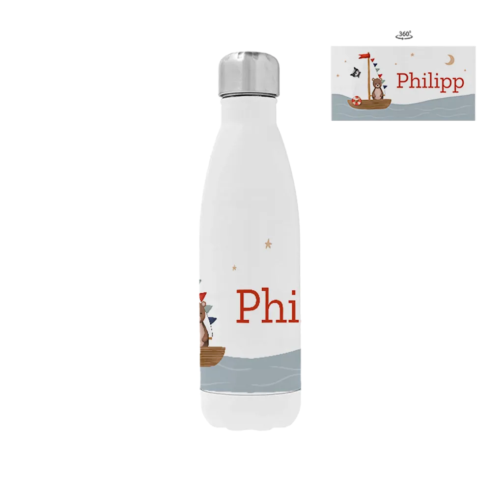 Trinkflasche aus Edelstahl mit Namen und Tieren im Segelboot