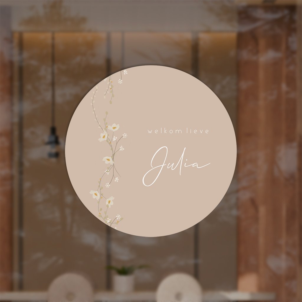 Raamsticker rond roze met bloemenslinger