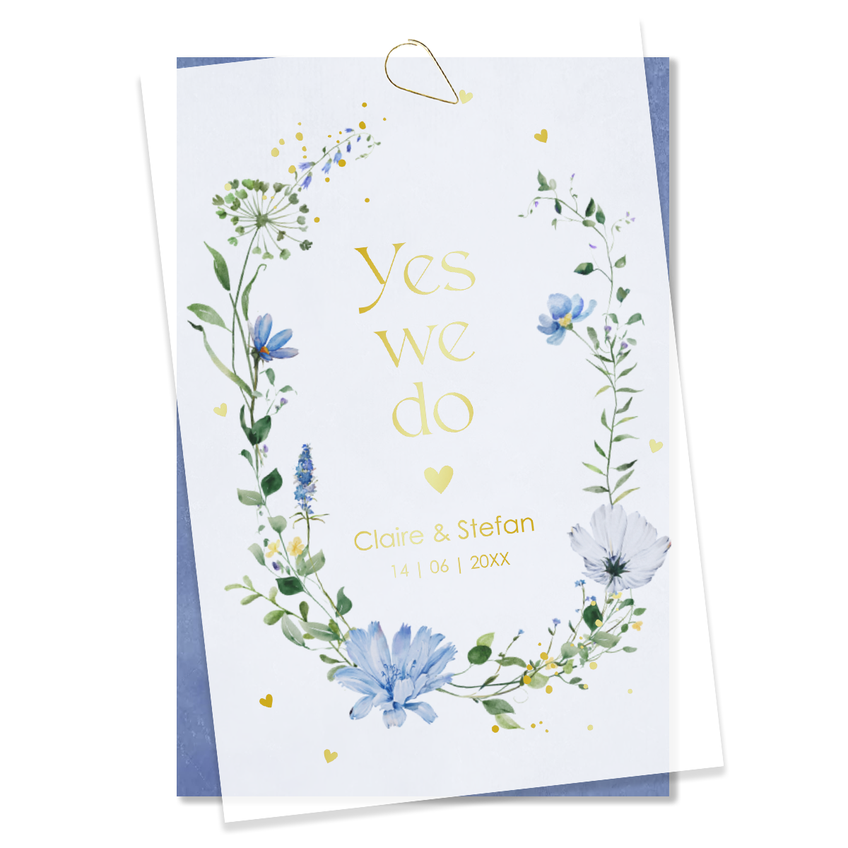 Trouwkaart kalkpapier veldbloemen blauw goudfolie (set 2 kaarten)