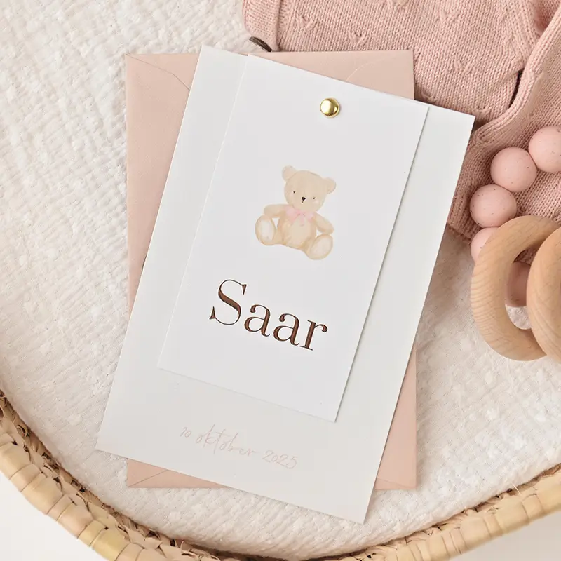 Lief label geboortekaartje met roségoudfolie en teddybeer