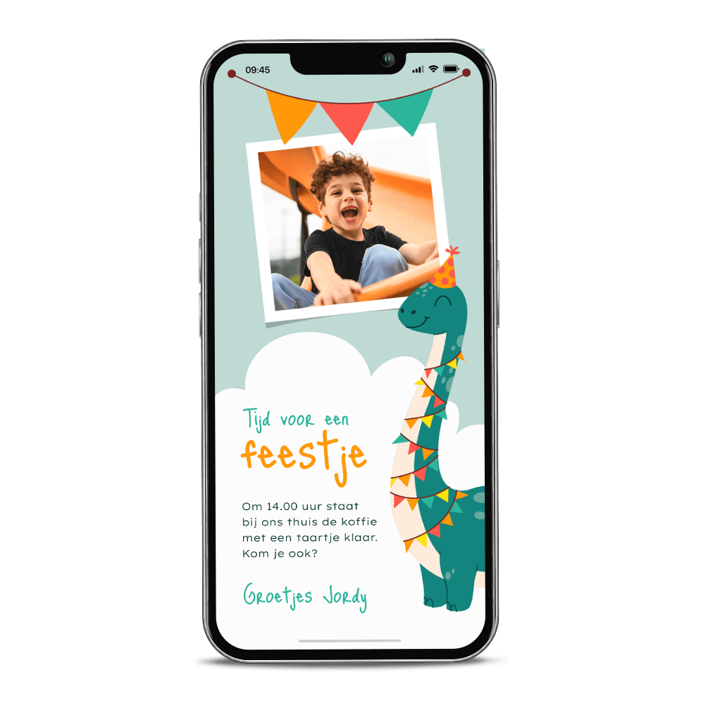 Digitale kinderfeest uitnodiging verjaardag jongen met dino en foto
