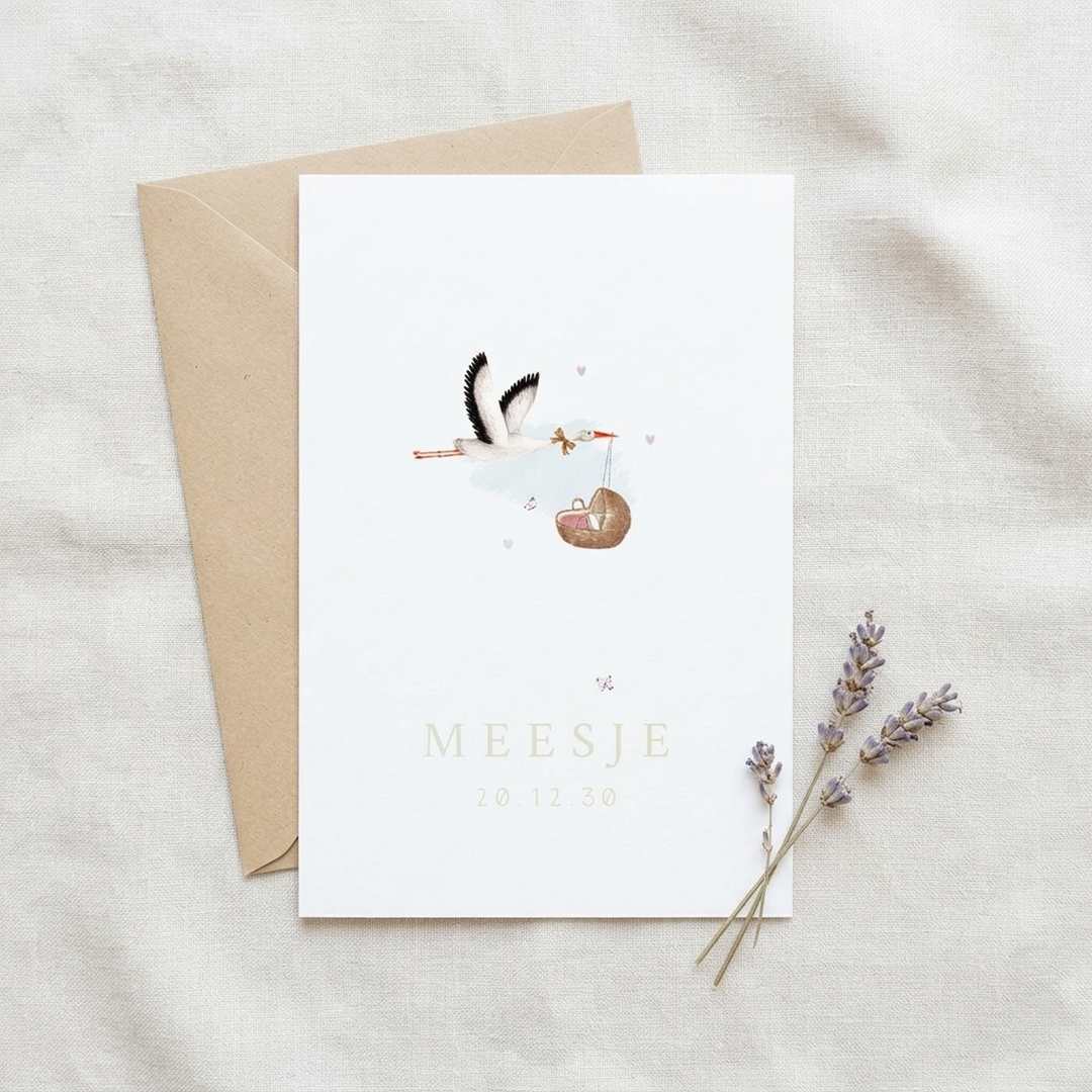 Geboortekaartje met vliegende ooievaar, wiegje en lila