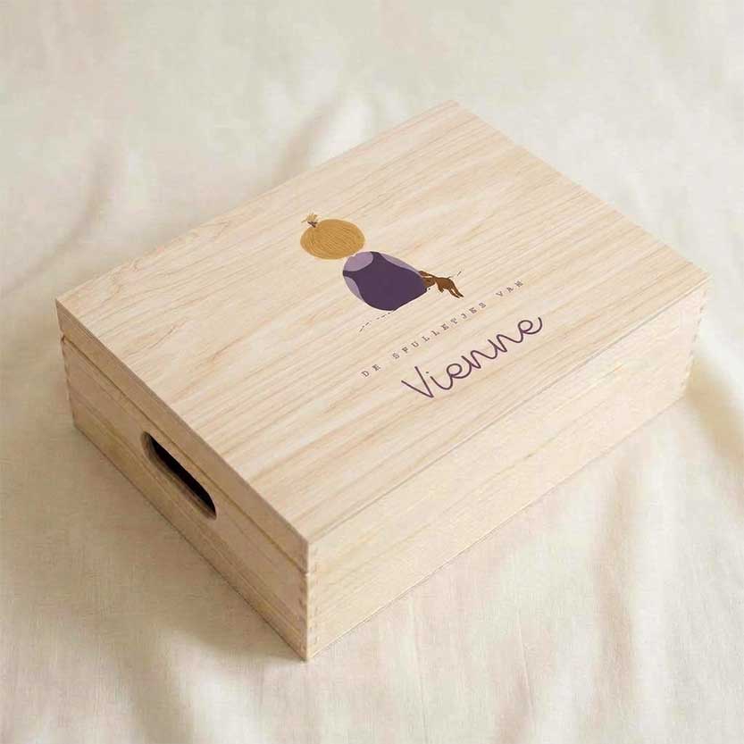 Memorybox hout geboorte meisje blond knuffelbeer