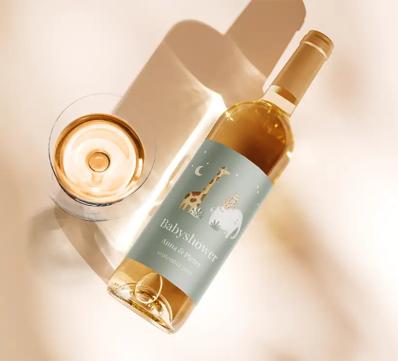 Wijnetiket babyshower groen met lieve jungledieren