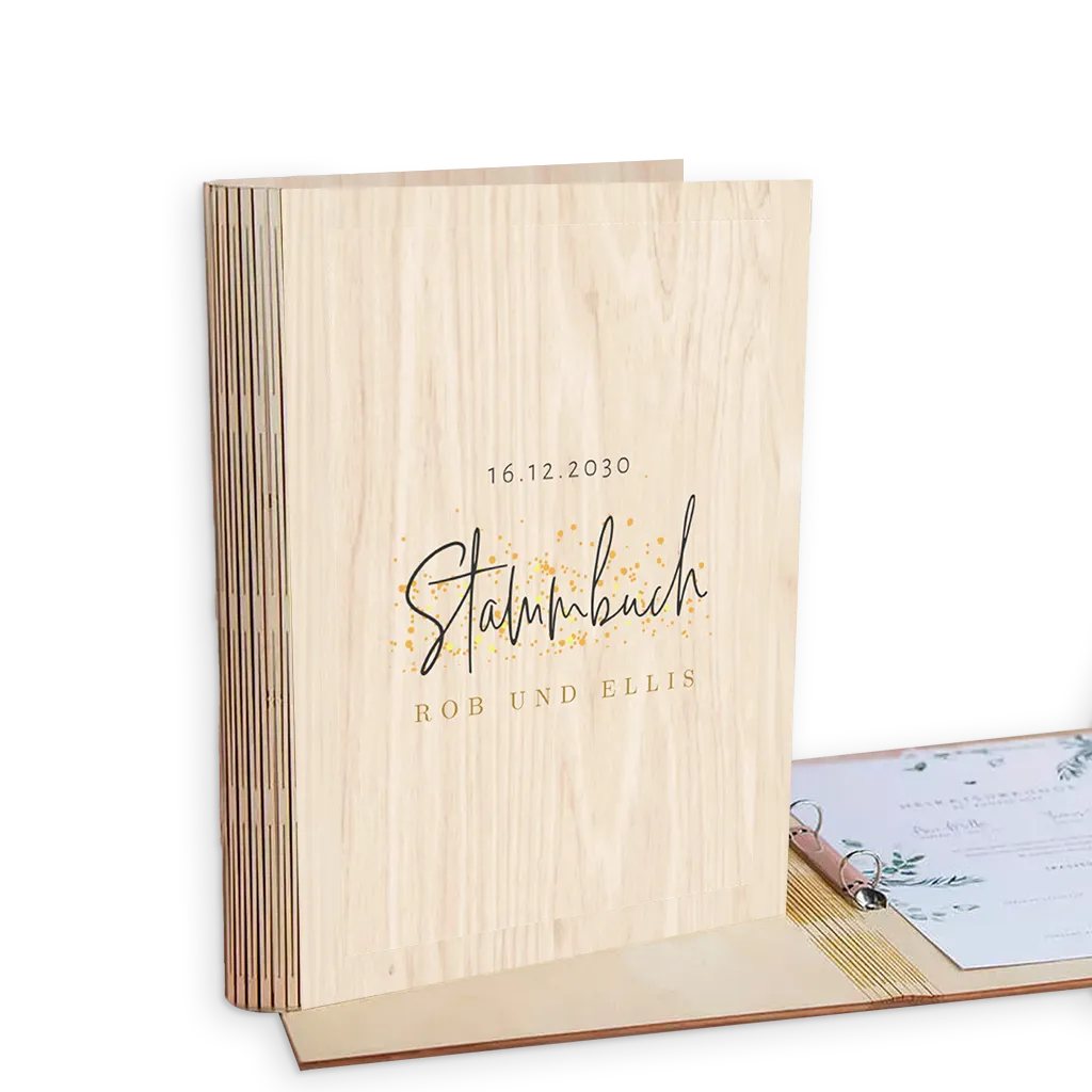 Stammbuch Hochzeit Holz mit goldenem Konfetti