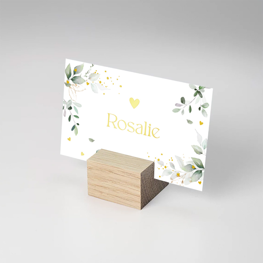 Naamkaartjes bruiloft groen wit botanisch bladeren goudfolie