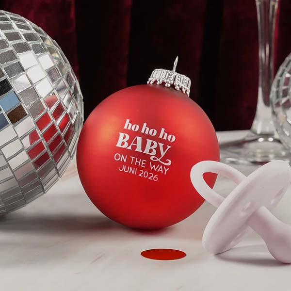 Kerstbal bedrukken zwangerschapsaankondiging