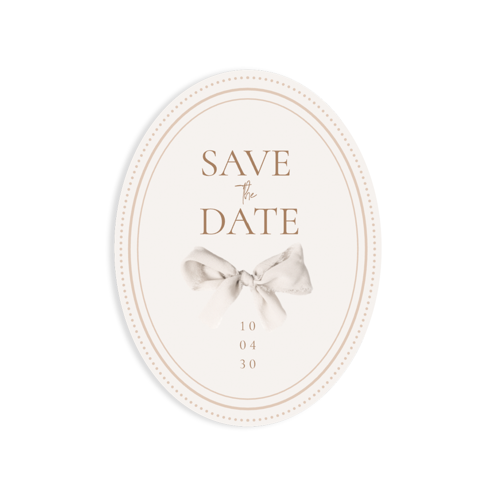 Elegante ovale Save the Date kaart in beige met lint