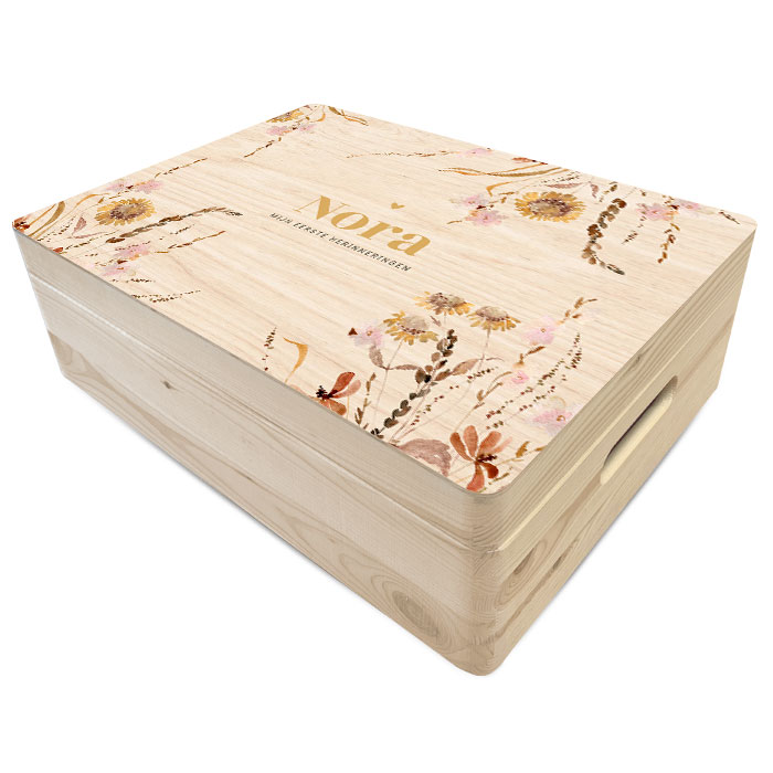 Bloemen geboorte herinneringsdoos van hout voor een meisje