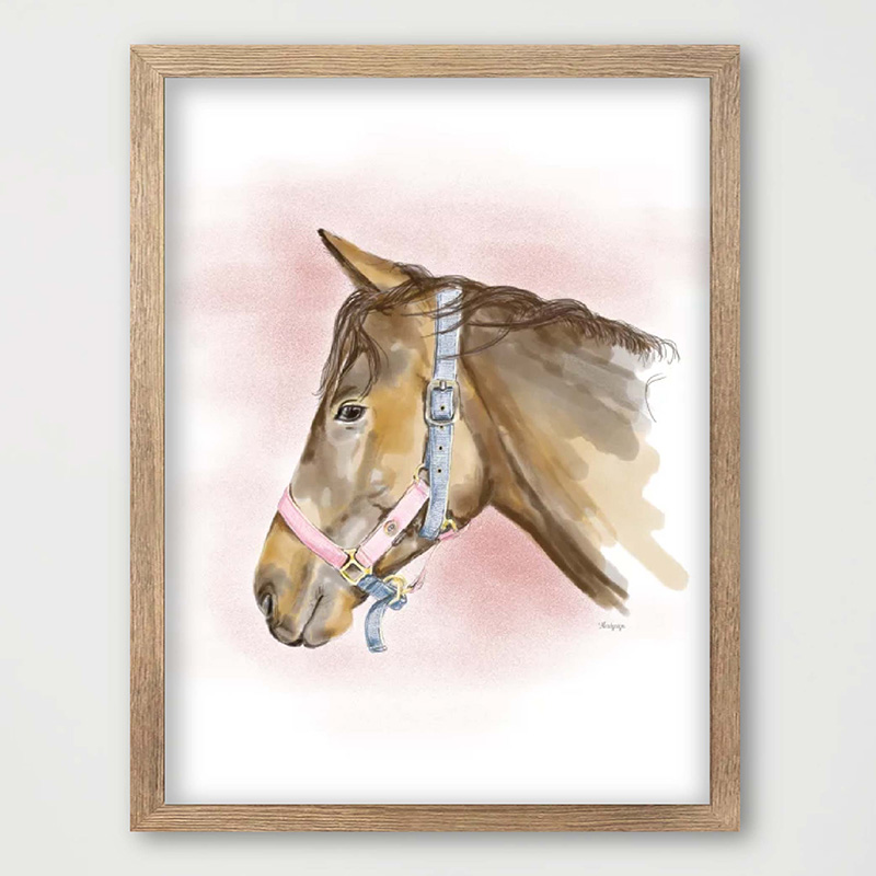 Paardenposter kinderkamer – illustratie bruin paard met roze halster