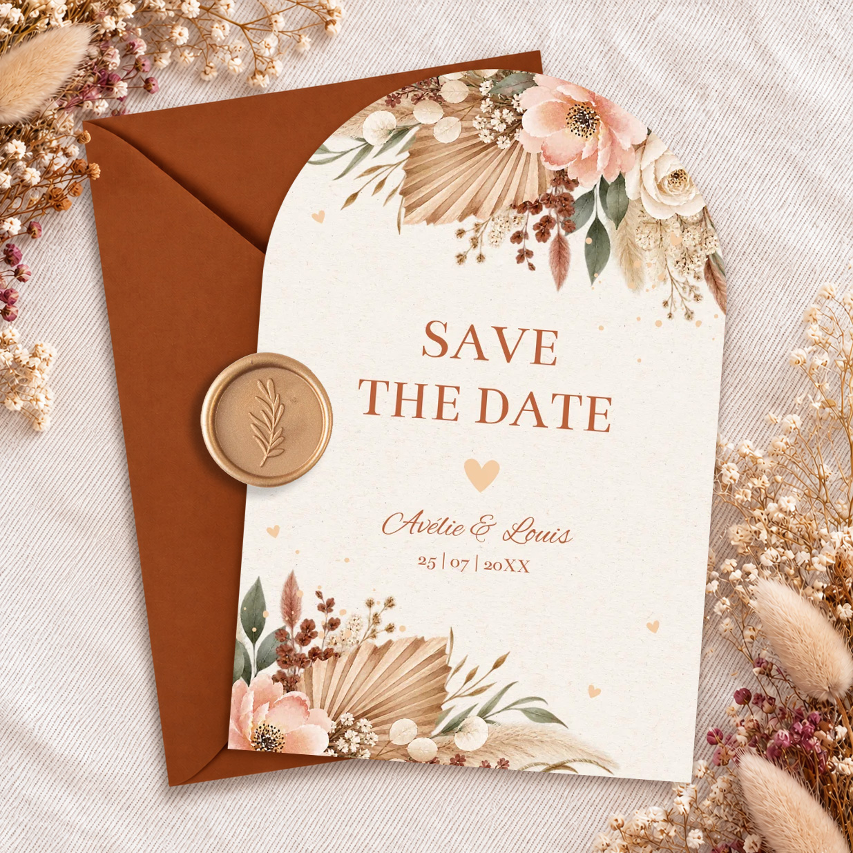 Save the Date kaart boho bohemian beige bloemen boog vorm
