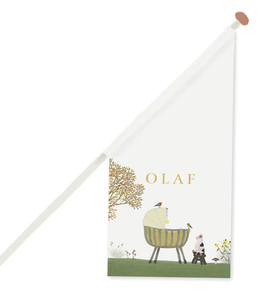 Geboortevlag rotan wiegje lapjeskat herfst