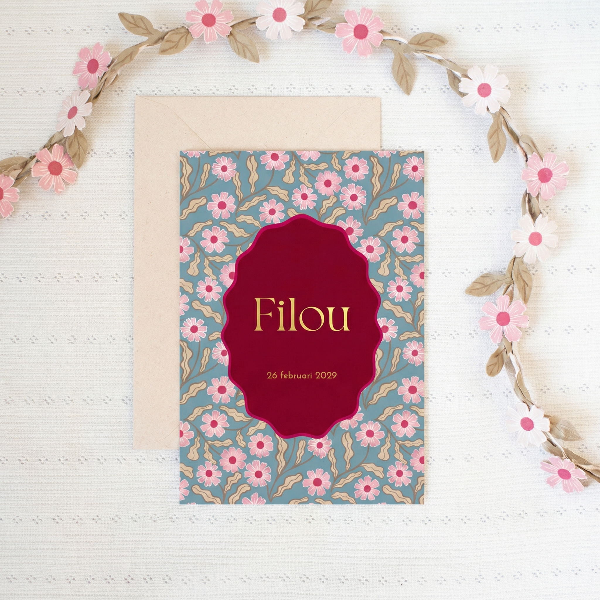 Geboortekaartje bloemenpatroon roze blauw